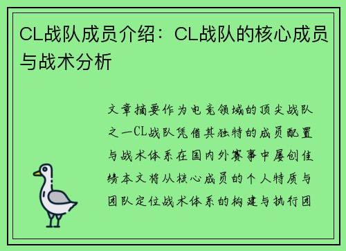CL战队成员介绍：CL战队的核心成员与战术分析