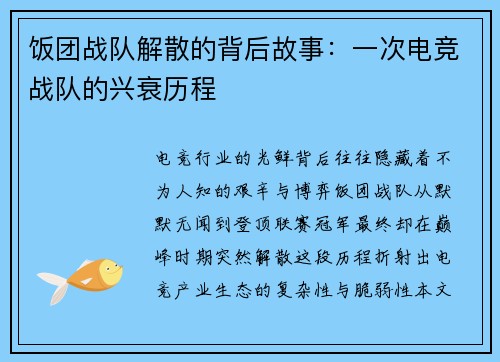 饭团战队解散的背后故事：一次电竞战队的兴衰历程