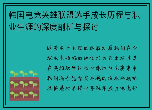 韩国电竞英雄联盟选手成长历程与职业生涯的深度剖析与探讨