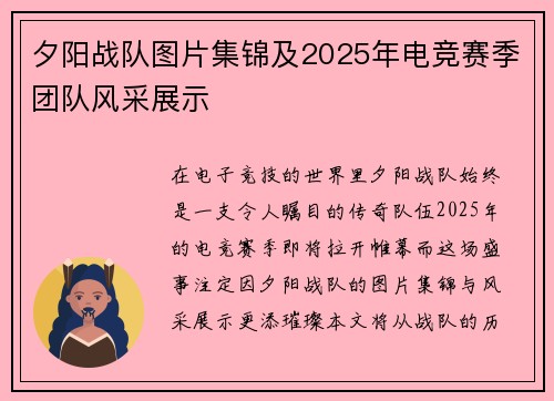 夕阳战队图片集锦及2025年电竞赛季团队风采展示